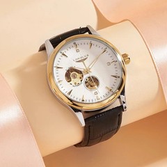 LONGLUX Mechanical Skeleton Watch Men Business Leather Band Roman Numerals 3Bar