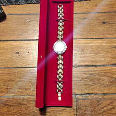 Women’s Gold Tone Bracelet Watch Analog White Dial Roman Numerals Crystal Bezel