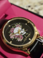 Ed Hardy Women’s Watch Skull Flowers Rhinestone Dial Gold Charm NWT