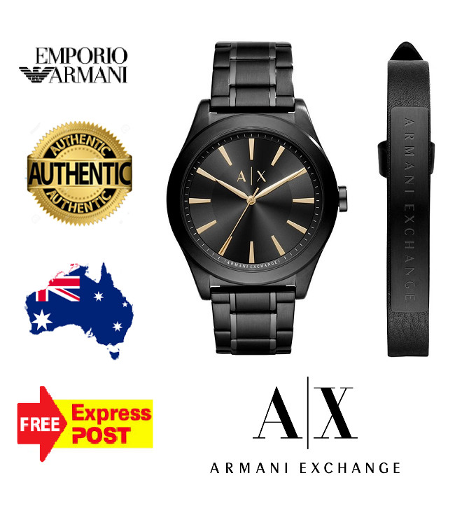 EMPORIO ARMANI EXCHANGE NICO AX7102 BLACK/GOLD WATCH + LEATHER BRACELET SET MENS