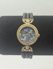 Rare Vintage Lucoral Ladies Watch Opal Mosaic Face, Rhinestone Bezel, Onyx Beads