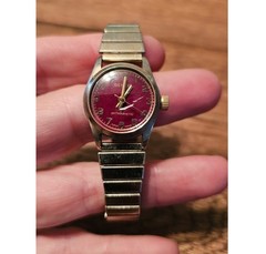 Vintage Geneva Antimagnetic Manual Wind Watch Burgundy Dial Gold Tone Expansion