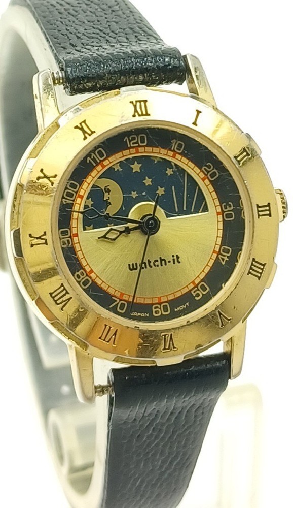 Watch-It Moon Stars Dial Gold Tone Roman Bezel Art Watch New Battery ✔️