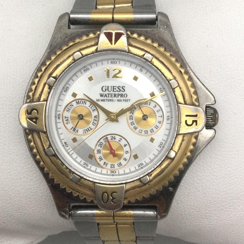 Vintage Guess Waterpro Mens Watch 37mm Two Tone Day Date New Battery 7.25″