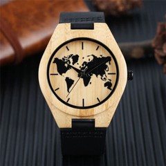 Novel World Map Design Men’s Wood Bamboo Quartz Analog Wristwatch Leather Band
