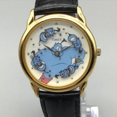 Vintage Timex Watch 34mm Disney Genie Dial Gold Tone Black Leather New Battery