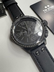 TW Steel Canteen Men’s 45mm Triple Black Leather Crystals Quartz Watch TW912