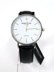 NEW KENNETH COLE GENUINE DIAMOND,SILVER TONE,BLACK LEATHERETTE BAND,GOLD WATCH