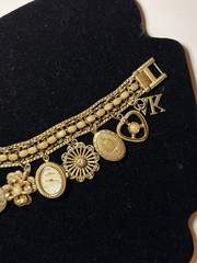 Anne Klein Vintage Style Gold Plated Large 9 Charms Bracelet Oval ladies Watch