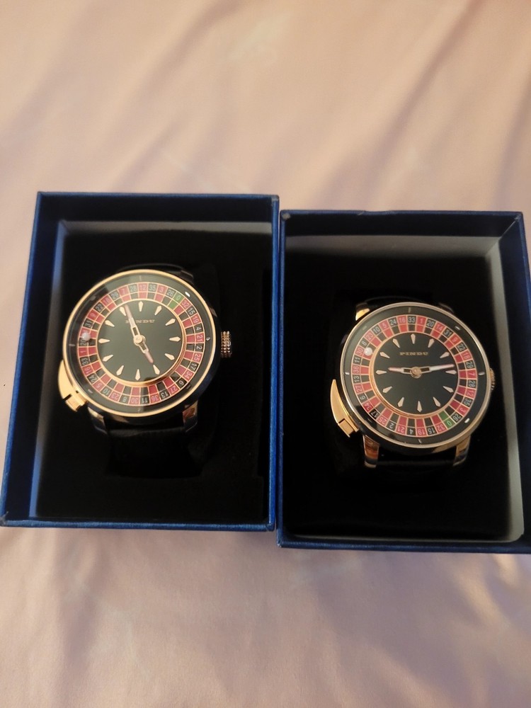 PINDU Roulette Dial Automatic Watch Gold Tone Case Black Leather Band 40mm 3ATM