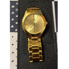 Lenoin Gold Tone Quartz Analog Watch SS Bracelet 50m 5 ATM Round w/Manual