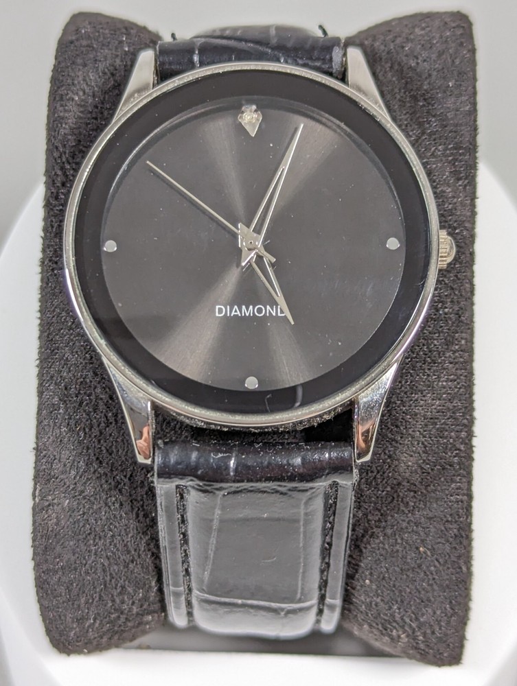 Black Dial Round Silver Tone Case Black Faux Leather Band Watch