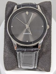 Black Dial Round Silver Tone Case Black Faux Leather Band Watch