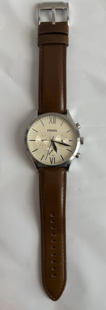 Men’s Fossil Fenmore Brown All Stainless Steel Watch w/Ivory Dial Needs Battery
