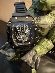 Skeleton Dial Analog Tonneau Watch Black Case & Rubber Strap Baton Index