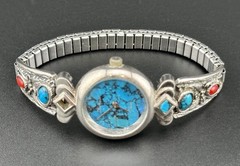 Working Lucoral Quartz Watch Native Navajo Style Turquoise Silver Band M0