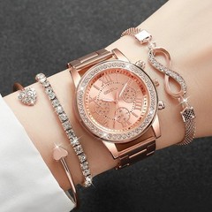 4PCS Ladies Quartz Watch Bracelet Set Rhinestone Steel Band Luxury-UK