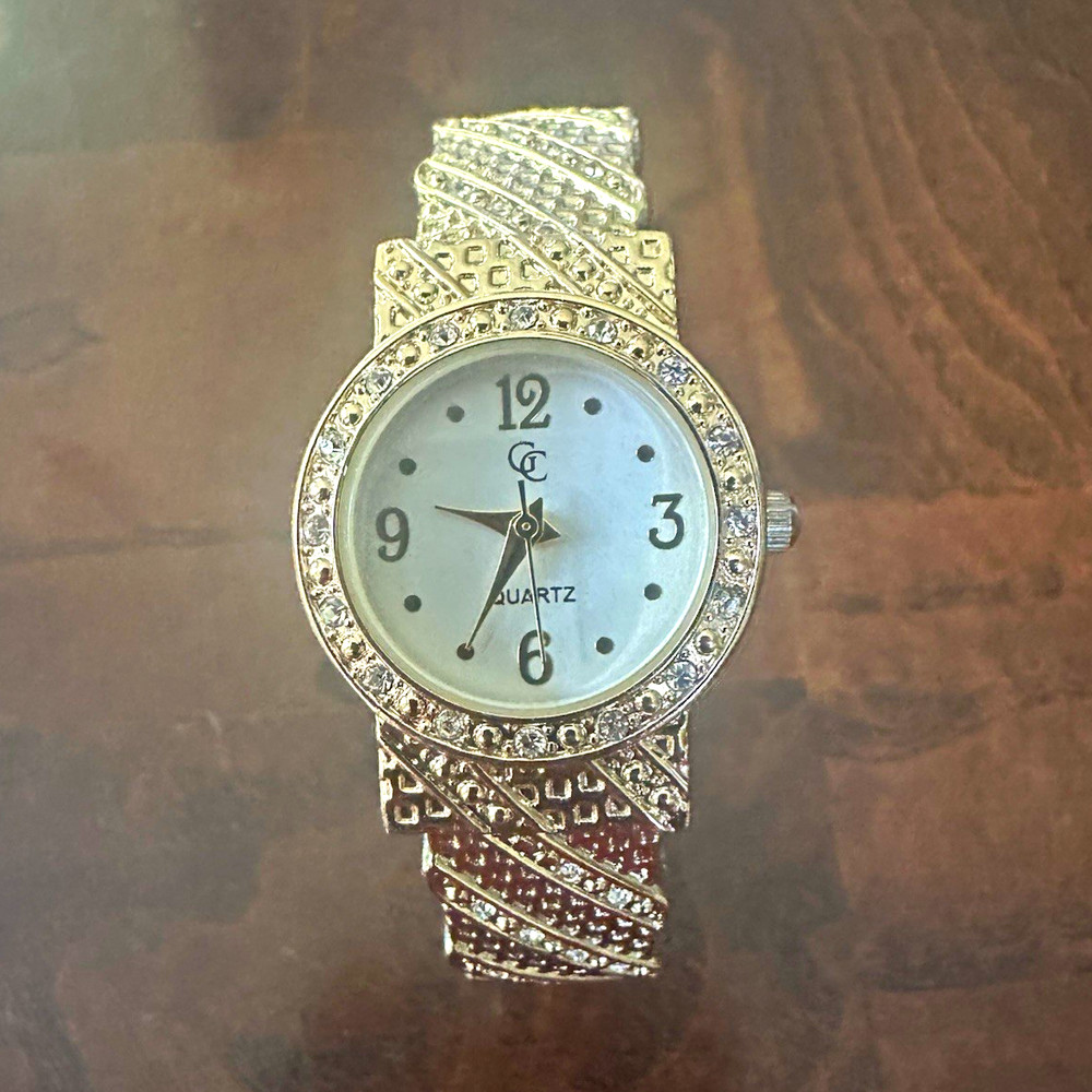 GC Women’s Quartz Analog Watch Silver Dial Arabic Gold Bangle Rhinestone