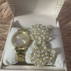 Gold Watch with Silver Pearl and Diamond Bracelets