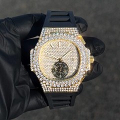 Men’s Watch Silicone Band Diamond Iced Oblong Bezel Quartz Movement Luxury