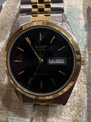 Sharp Vintage Mens Quartz Watch SR626SW Day & Date & Gold Silver Expandable Band