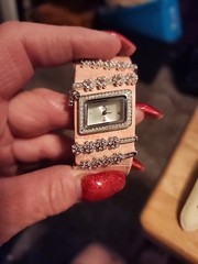 Victoria Wieck Women Watch 28mm Silver Tone Crystals Pink Open Cuff Need Battery