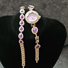 Women’s Dress Gold-Tone Quartz Wristwatch Purple Dial Gemmed Bracelet