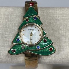 Rumours Christmas Tree Cuff Watch Enamel Crystals Gold Tone New Battery Works