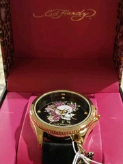 Ed Hardy Women’s Watch Skull Flowers Rhinestone Dial Gold Charm NWT