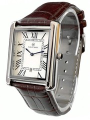Pablo Raez Men’s Rectangular Silver Dress Watch Brown Leather Roman Date Quartz