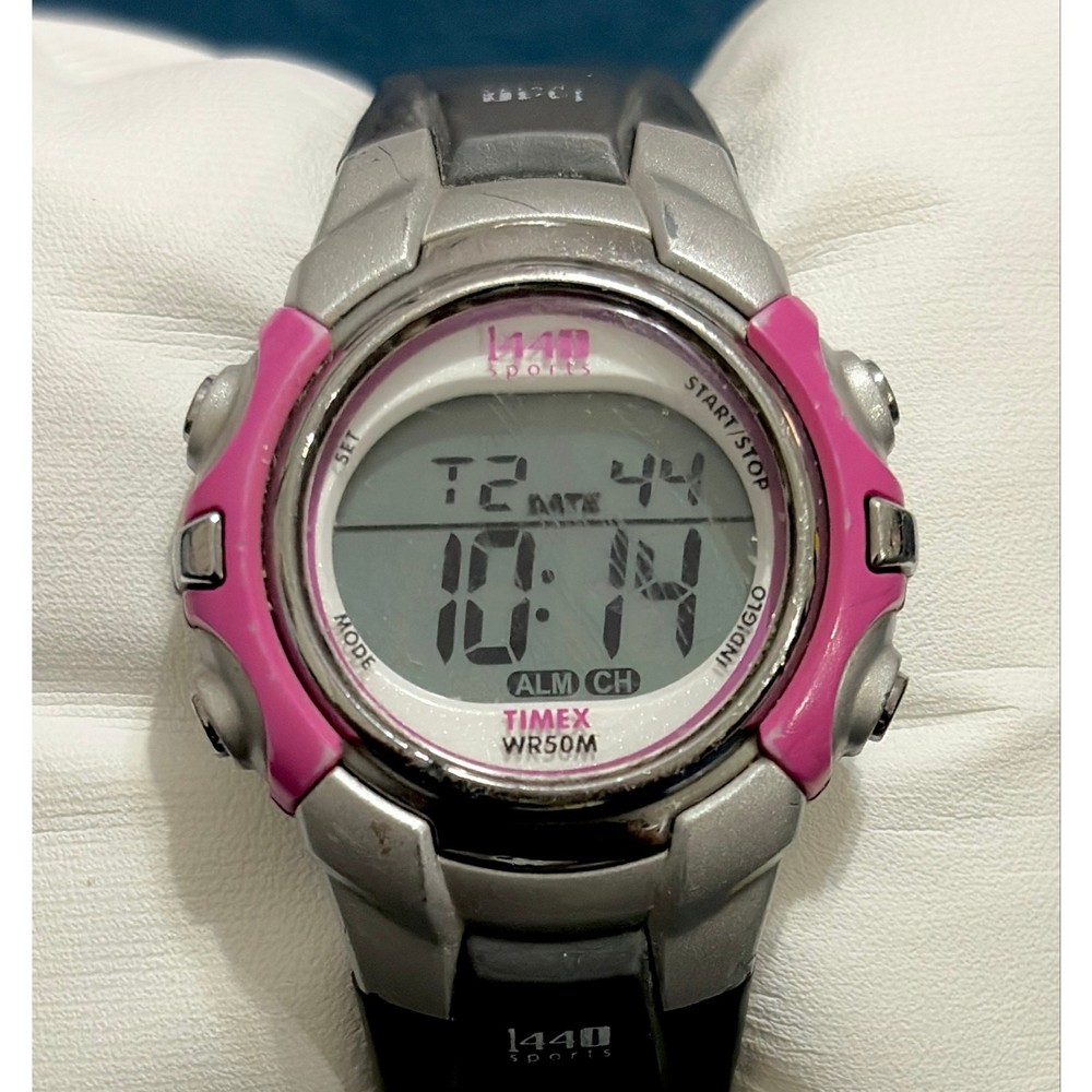 Timex 1440 Sports Digital Watch 35mm Pink Silver WR50M Indiglo Alarm Chronograph