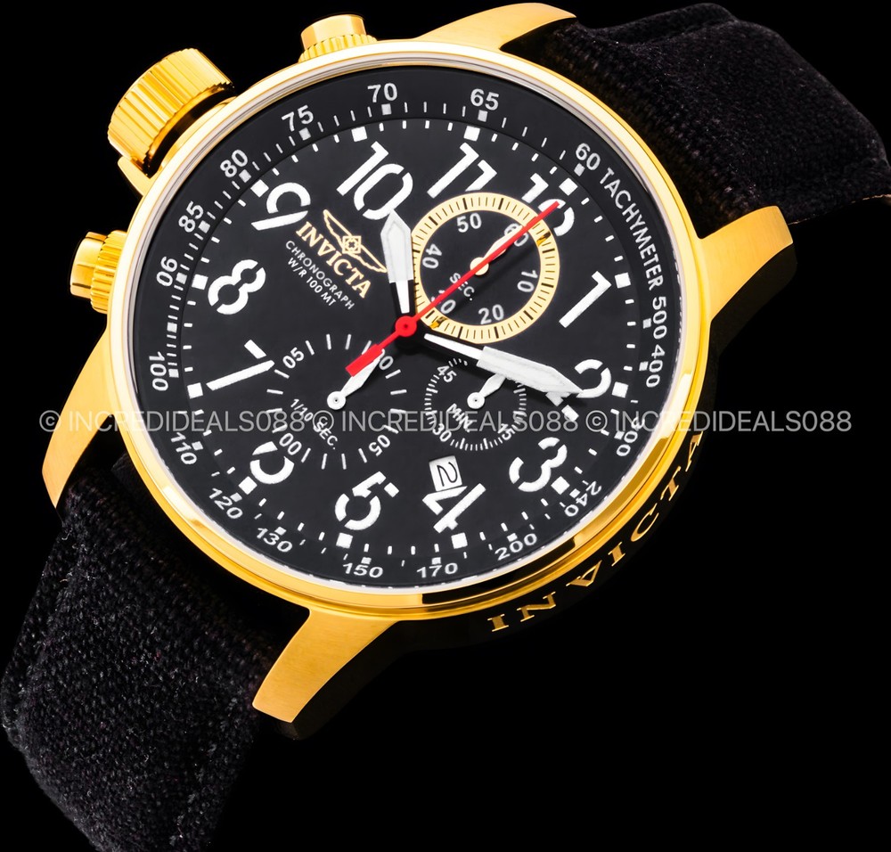 Invicta Men I FORCE LEFTY Chronograph GOLD BLACK Dial Nylon Strap 46mm Watch