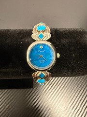 Vintage Lucoral Turquoise Diamond Quartz 24mm Watch Sterling Silver Navajo Sides