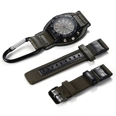 2 in 1 Mens 24-Hour Dial Quartz Analog Carabiner Clip on Watch with Canvas Strap