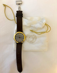 Versace V-Signature Swiss Made Quartz Gold Dial Brown Strap Date
