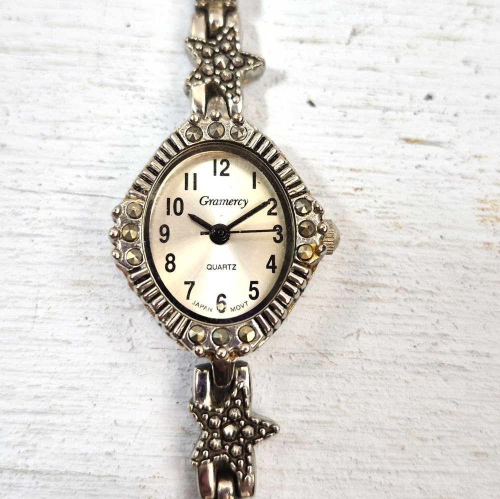 Vintage Gramercy Markasite Style Star Link Bracelet Watch Silver Tone Quartz