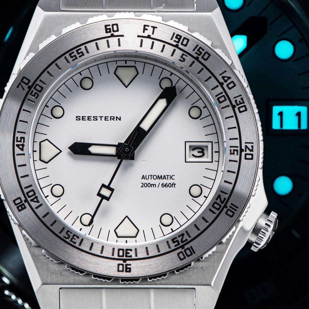Seestern V3 S407-600T.W LUME DATE Bezel 200m DIVER’S Mens Sport Watch WHITE