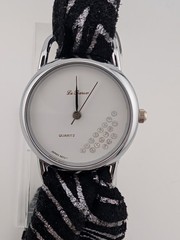 Vintage Le Baron Watch Women 29mm Silver Case Black Leather Fabric Band- Working