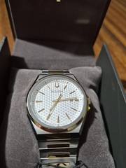 Bulova Quartz Dress Watch Two-Tone Steel Bracelet White Textured Dial Date Box