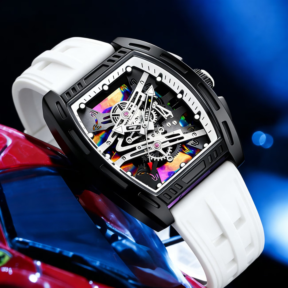 Men Barrel Shape Watches Luxury Quartz Wristwatch Trendy Watch Silicone Strap