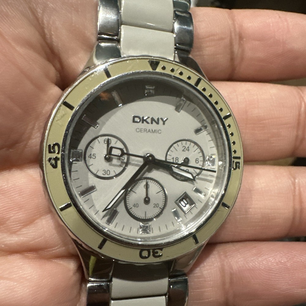 Working DKNY Womens Ceramic Chronograph Gray Steel Dainty Watch 37.5mm Fit 6.5”