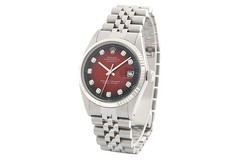 Rolex Mens Datejust 18K White Gold Steel Red Vignette Diamond Dial Watch