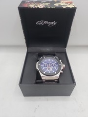 Ed Hardy Men’s Brushed Silver Metal Bracelet 52mm Watch New In Box