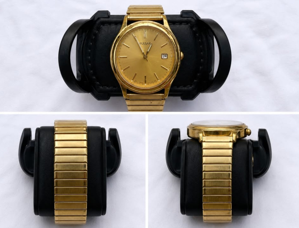 Pulsar Mens Watch 34mm Gold Tone Date V732-X138 Stretch Band