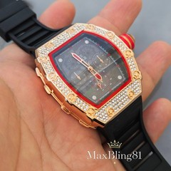 Iced Watch Rose Gold Bling Rapper Stylish Simulate Diamond Silicone Band Luxury