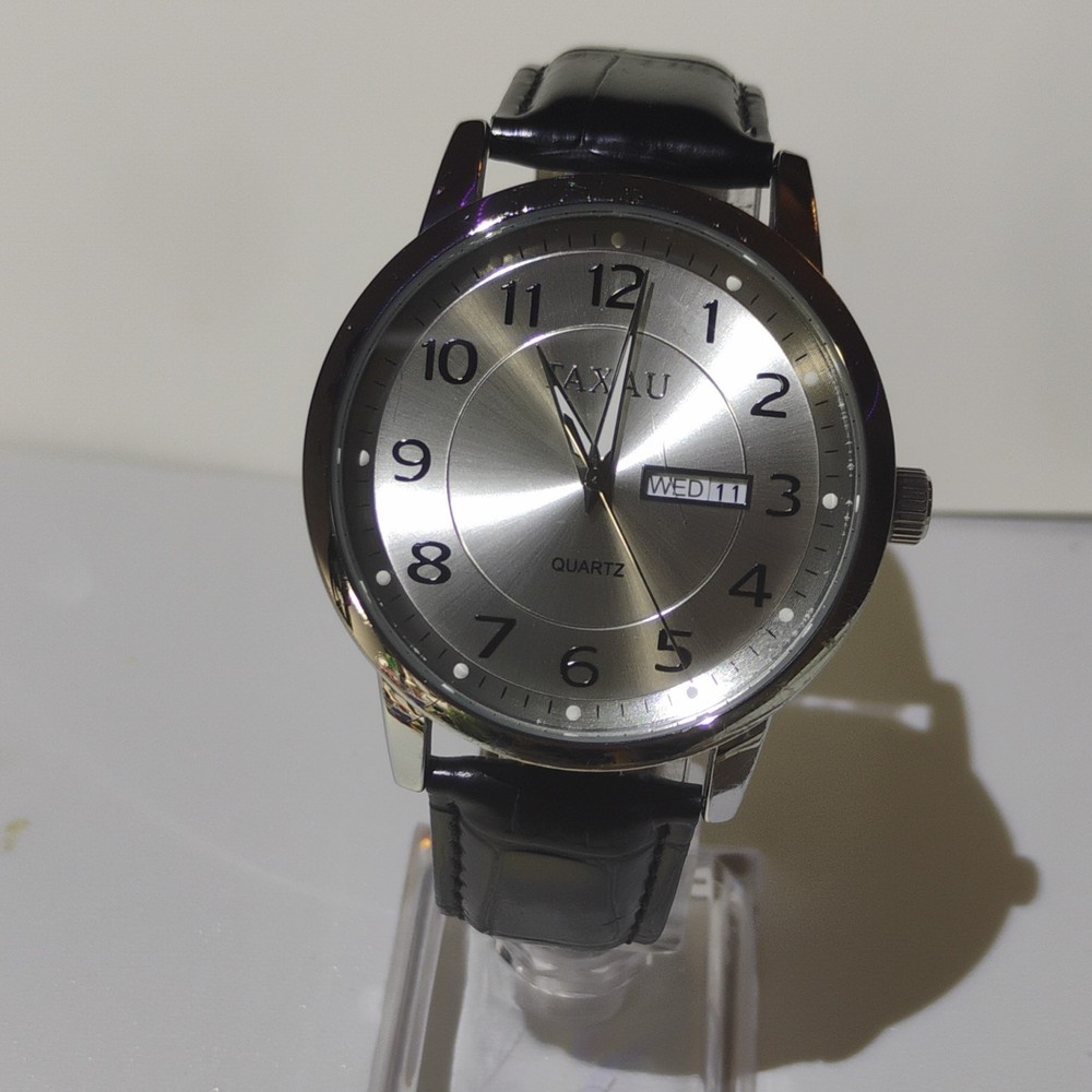 TAXAU Quartz Silver Dial Day Indicator Black Leather Stainless Steel Watch