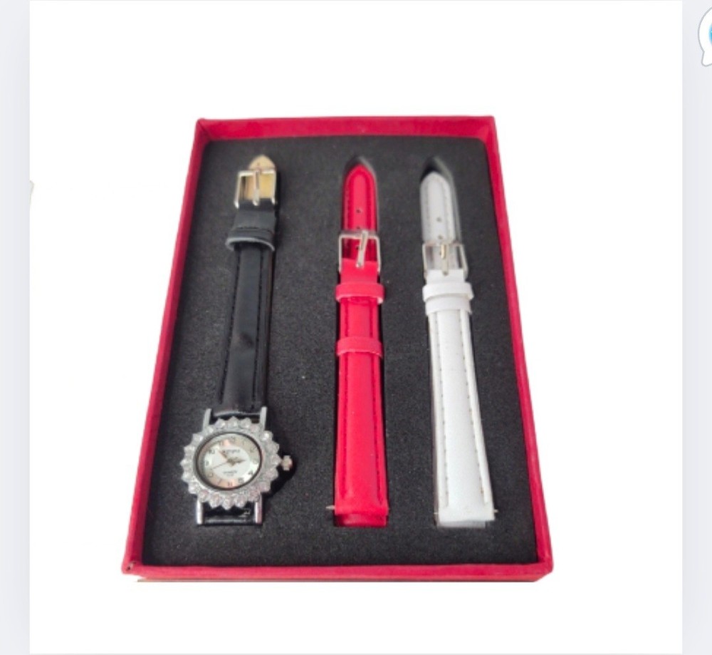 Meigie Watch Gem Encrusted Bezel Black White & Red Interchangeable Bands Working