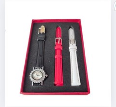 Meigie Watch Gem Encrusted Bezel Black White & Red Interchangeable Bands Working