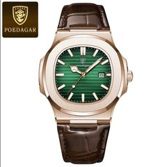 Poedagar 613 Men’s Analog Quartz Watch With Date Genuine Leather Green Rose Gold