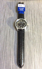 Miykon Men’s Silver Watch Round Black Dial Arabic Hours Black on Leather Band!